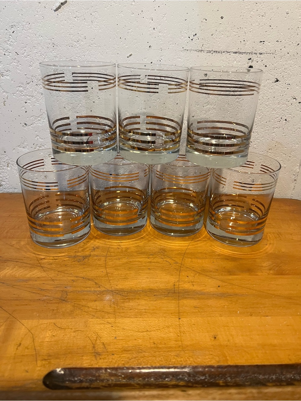 Vintage MCM Gold Stripe Rocks Glasses - Clear with Gold Accent - set of 7
